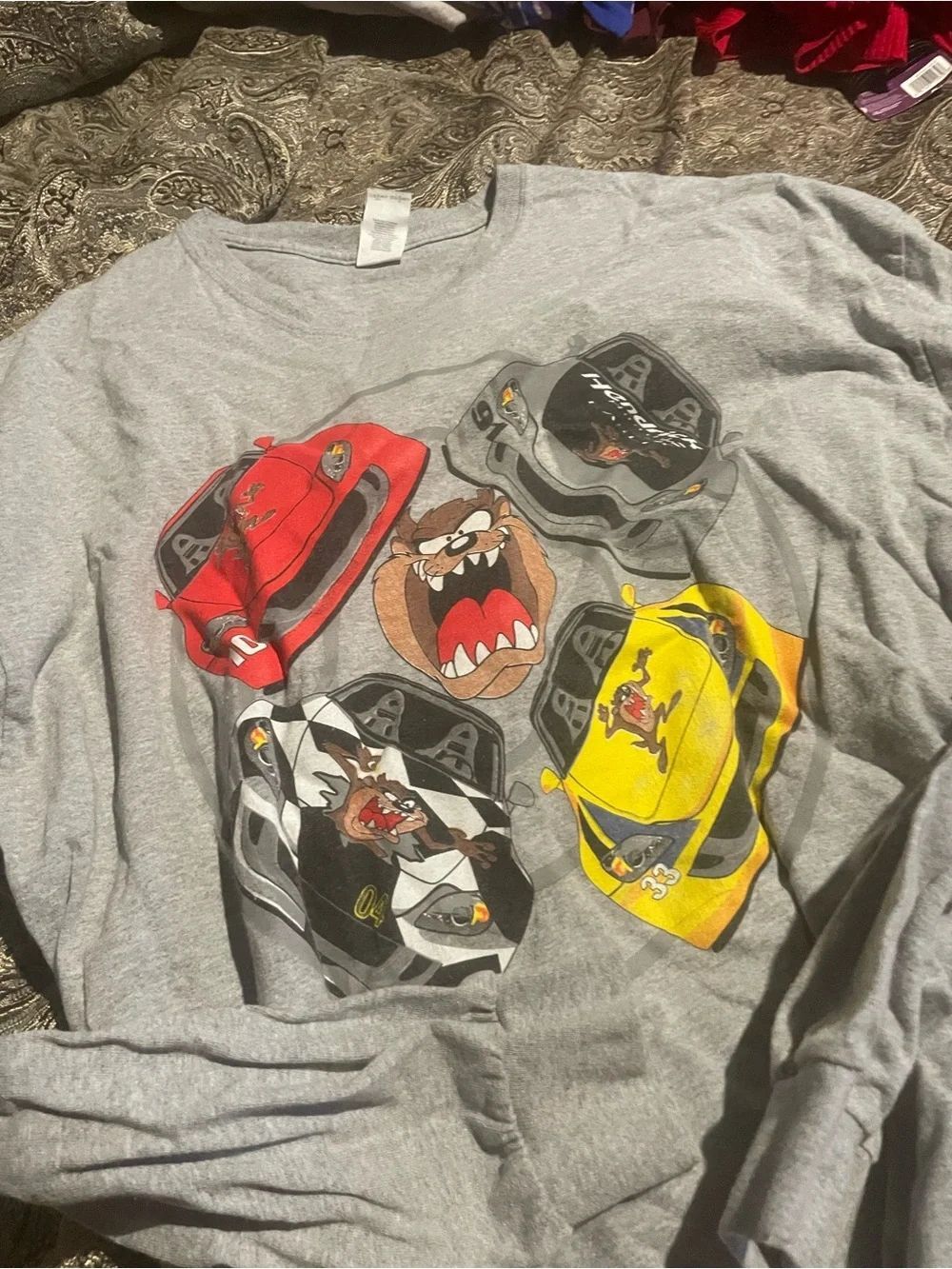 Nascar Gray Long Sleeve Tee with Red Yellow Black Car Graphics